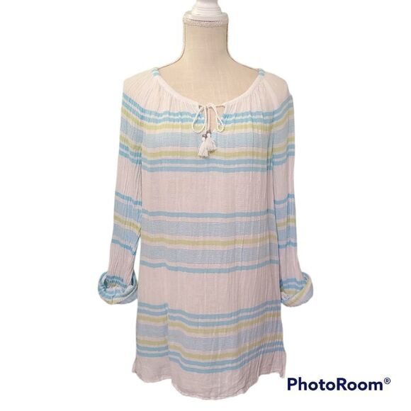 J.Jill small white blue stripe oversized cotton summer tie tassel neck tunic top - Picture 4 of 7